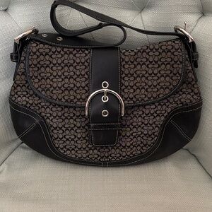 Coach Black and Charcoal Signature Canvas Shoulder Bag with Buckle Accent
